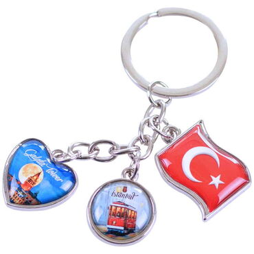 Istanbul Themed Metal Keychain With 3 Charms - Mixed 40x90 mm - Thumbnail