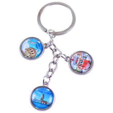 Istanbul Themed Metal Keychain With 3 Charms - Round 40x90 mm - Thumbnail