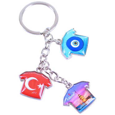 Istanbul Themed Metal Keychain With 3 Charms - T-Shirt 40x95 mm - Thumbnail