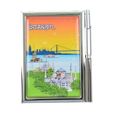 Myros - Istanbul Themed Metal Pocket Size Notebook With Pen 86x66x8 mm