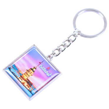 Istanbul Themed Metal Square Shaped Double Face Keychain 36x95 mm - Thumbnail