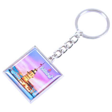 Istanbul Themed Metal Square Shaped Double Face Keychain 36x95 mm