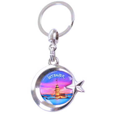 Istanbul Themed Metal Turkish Flag Enamel Keychain - Thumbnail