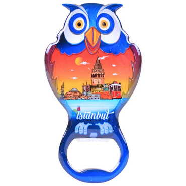 Istanbul Themed Owl Shaped Metal Magnetic Bottle Opener 88x47 mm - Thumbnail