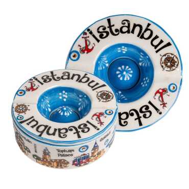 İstanbul Themed Traditional Ceramic Lidded Small Ashtray 110 mm - Myros
