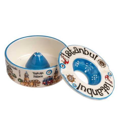 İstanbul Themed Traditional Ceramic Lidded Small Ashtray 110 mm - 2