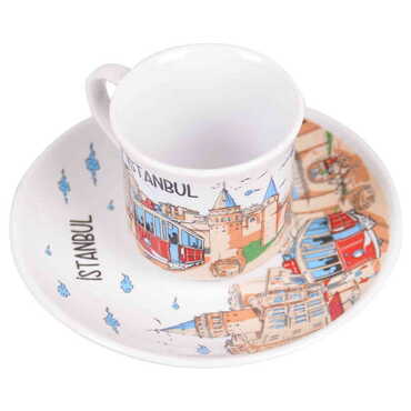 Istanbul Themed Turkish Ceramic Custom Printed Turkish Coffee Cup Set of 2 pcs - Thumbnail