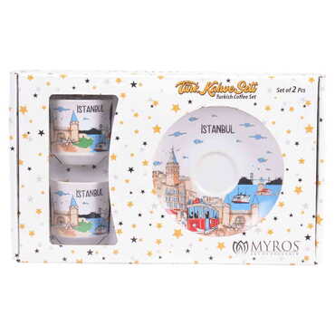 Istanbul Themed Turkish Ceramic Custom Printed Turkish Coffee Cup Set of 2 pcs - Thumbnail