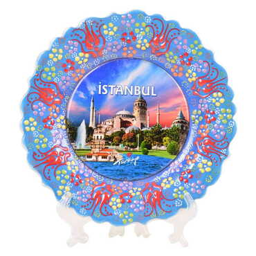 Istanbul Themed Turkish Ceramic Plate With Epoxy 18 Cm - Thumbnail