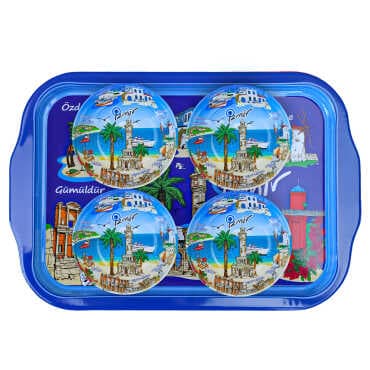 Izmir Themed Large Metal Tray with Four Bowl Set