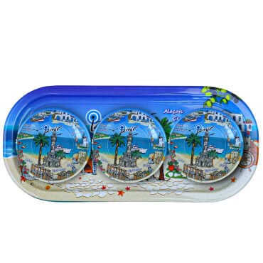 Izmir Themed Metal Oval Tray with Triple Bowl Set