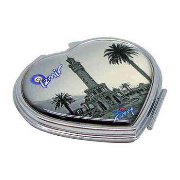 Izmir Themed Customised Metal Epoxy Travel Make Up Compact Heart Shaped Mirror 70x65x8 mm
