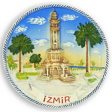 Izmir Themed Blue Ceramic Decorative Plate 10 Cm - Myros