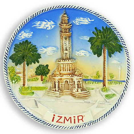 Izmir Themed Blue Ceramic Decorative Plate 10 Cm