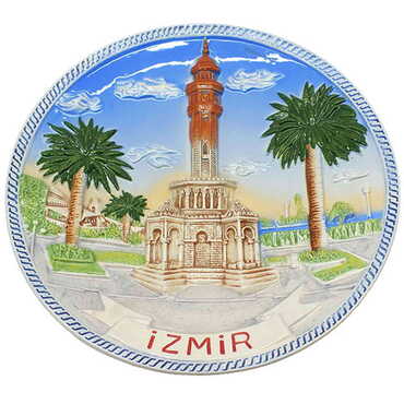 Myros - Izmir Themed Blue Ceramic Decorative Plate 15 Cm