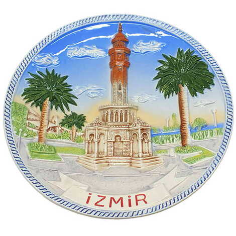 Izmir Themed Blue Ceramic Decorative Plate 15 Cm