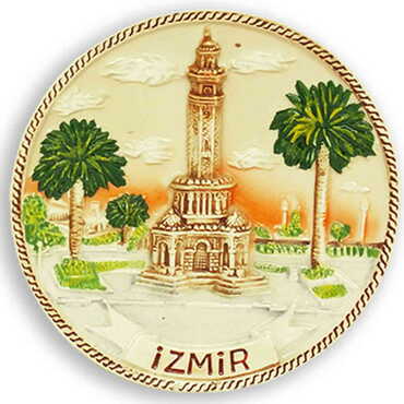 Myros - Izmir Themed Brown Ceramic Decorative Plate 10 Cm