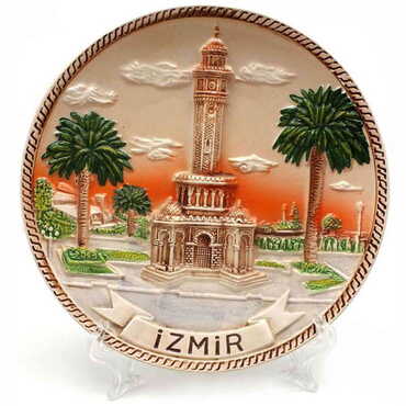 Myros - Izmir Themed Brown Ceramic Decorative Plate 15 Cm