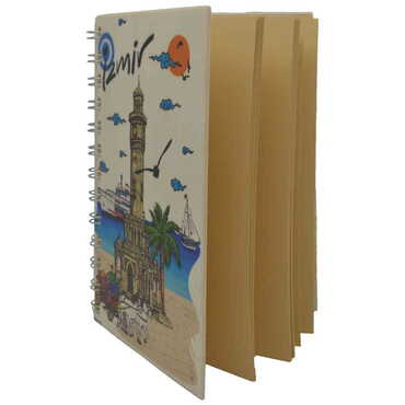 Izmir Themed Custom Printed Wood Cover Notebook 120x170 mm - Thumbnail