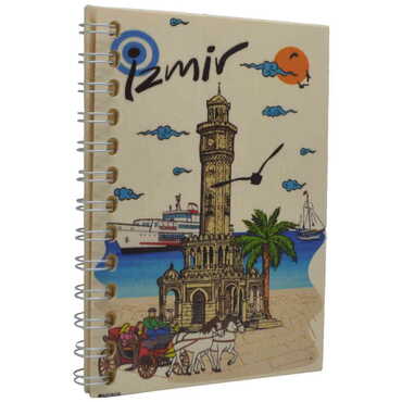 Izmir Themed Custom Printed Wood Cover Notebook 120x170 mm - Thumbnail