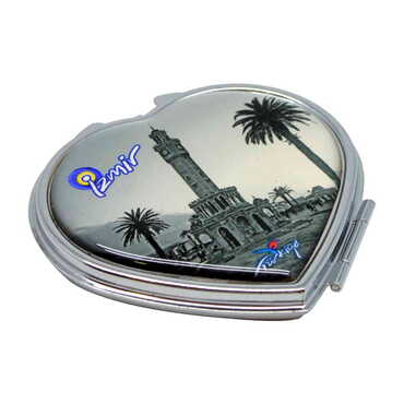 Myros - Izmir Themed Customised Metal Epoxy Travel Make Up Compact Heart Shaped Mirror 70x65x8 mm