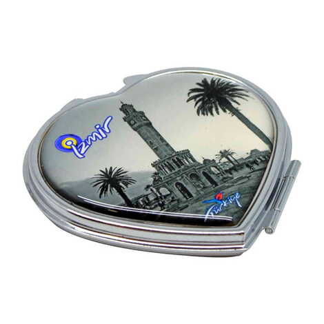 Izmir Themed Customised Metal Epoxy Travel Make Up Compact Heart Shaped Mirror 70x65x8 mm