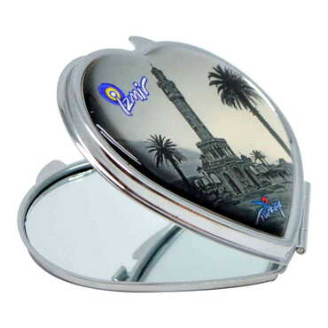 Izmir Themed Customised Metal Epoxy Travel Make Up Compact Heart Shaped Mirror 70x65x8 mm - Thumbnail