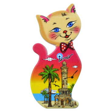 Myros - Izmir Themed Customised UV Printed Plastic Base Cat Shaped Fridge Magnet 43x87 mm