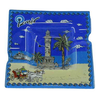 Izmir Themed Decorated Glass Ashtray 100X100 Mm - Thumbnail