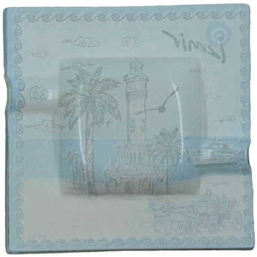 Izmir Themed Decorated Glass Ashtray 100X100 Mm - Thumbnail