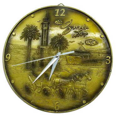 Myros - İzmir Themed Gold Color Polyester Wall Clock