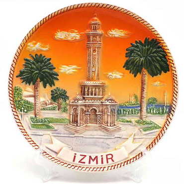 Izmir Themed Orange Ceramic Decorative Plate 15 Cm - Myros