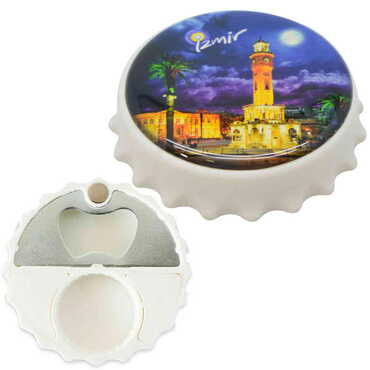 Myros - Izmir Themed Round Cap Shaped Magnetic Bottle Opener 63x15 mm