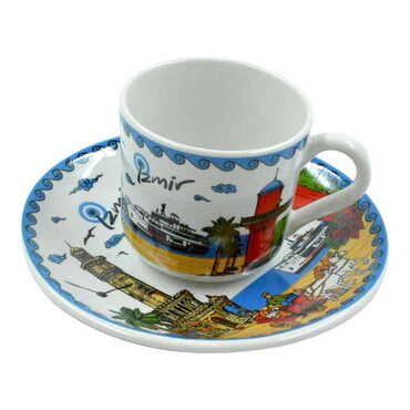 Izmir Themed Turkish Ceramic Custom Printed Turkish Coffee Cup Set of 2 pcs - Thumbnail