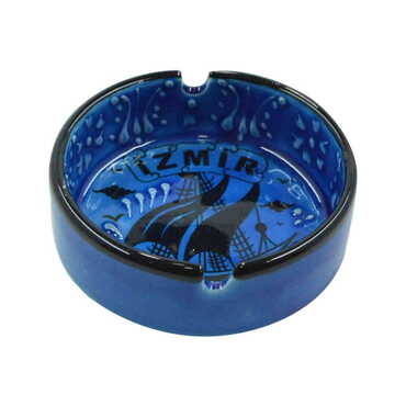 Izmir Themed Turkish Ceramic Turquoise Ashtray Small Size - Thumbnail