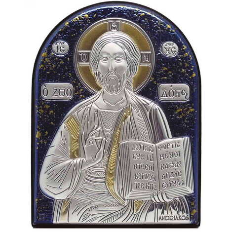 Jesus Icon Laminated Blue Hand And Golden Decoration With Swarowski Stone Icon 230x170 Mm