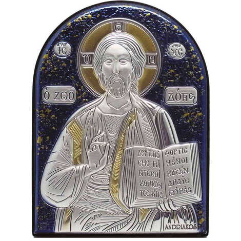 Jesus Icon With Bi-Laminated Silver Plaque, Golden And Blue Decoration, Swarowski Stone Icond Crystals And Wooden Back 190x140 mm