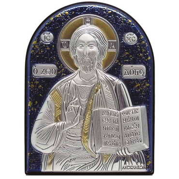 Myros - Jesus Laminated Blue Hand And Golden Decoration With Swarowski Stone Icon 150x110 Mm