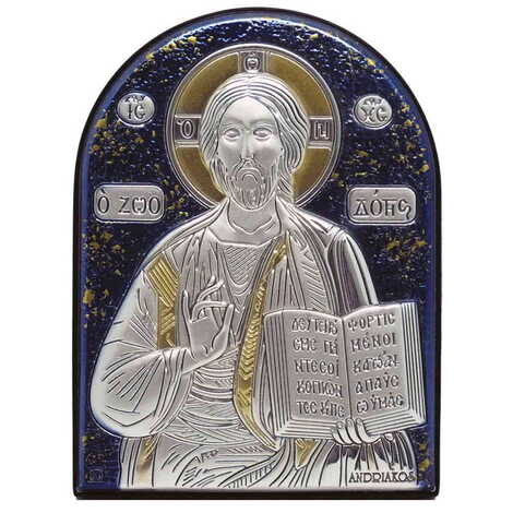 Jesus Laminated Blue Hand And Golden Decoration With Swarowski Stone Icon 85x65 Mm