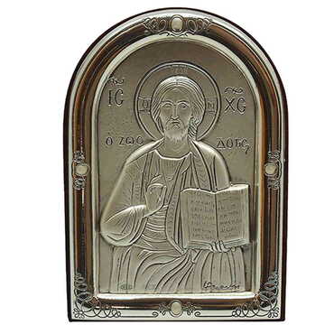 Myros - Jesus With Bi-Laminated Silver Plaque And Wooden Icon 64x80 mm