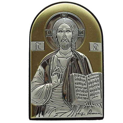 Jesus With Bi-Laminated Silver Plaque, Golden And Blue Decoration And Wooden Icon 40x60 mm