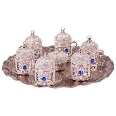 Toptan Kadi̇fe Kutulu 6 Li Taşli Kahve Set Gümüş