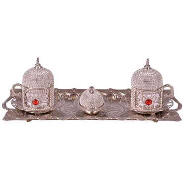 Toptan Kadi̇fe Kutulu 2 Li̇ Taşli Kahve Set Gümüş  - Standart