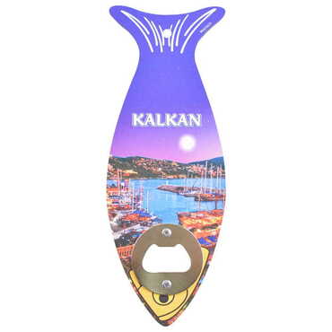 Myros - Kalkan Themed Fish Shaped Printed MDF Wooden Bottle Opener 190x70 mm