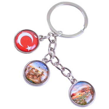 Myros - Kapadokya Themed Metal Keychain With 3 Charms - Round 40x90 mm