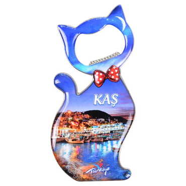 Kas Themed Cat Shaped Metal Magnetic Bottle Opener 97x48 mm - Thumbnail