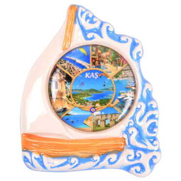 Kas Themed Ceramic Sailing Round Fridge Magnet - Thumbnail