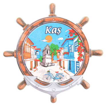 Myros - Kas Themed Customised UV Printed Plastic Base Marin Rudder Shaped Fridge Magnet 82x82 mm