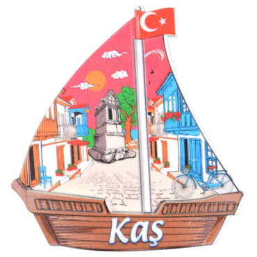 Myros - Kas Themed Customised UV Printed Plastic Base Sail Ship Shaped Fridge Magnet 77x80 mm