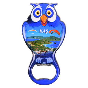 Kas Themed Owl Shaped Metal Magnetic Bottle Opener 88x47 mm - Thumbnail